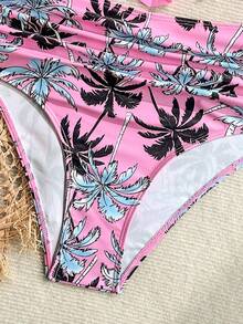 Swim Lushoire 女款粉色荷葉邊連身泳衣，高腰遮肚，椰子樹印花，保守款，兩件式，度假溫泉泳衣 - 粉色 - 查看 7