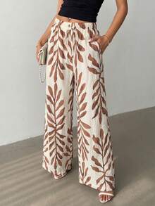 Rafferiza Black And White Herringbone Pattern Elastic Cinched Waist-Up Women's Casual Wide Leg Long Pants - Multicolor - View 1