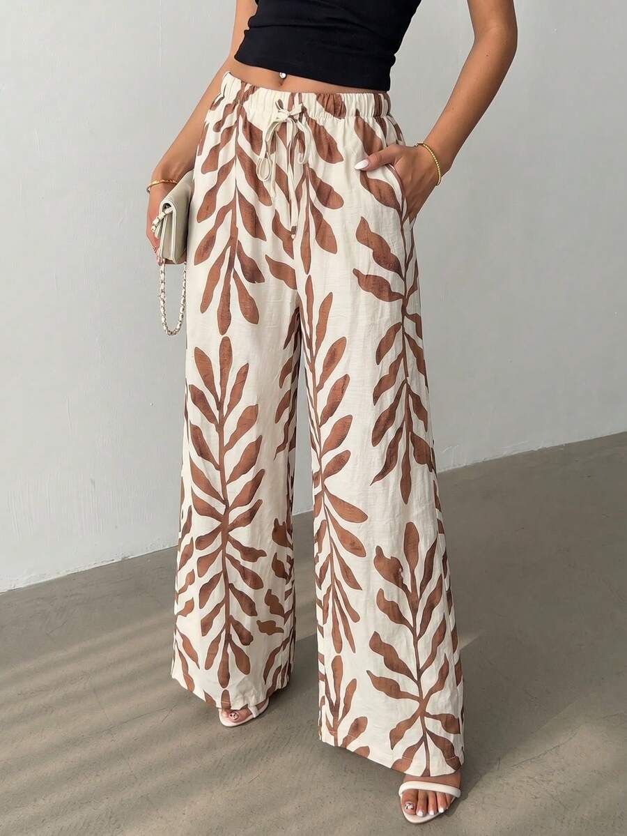 Rafferiza Black And White Herringbone Pattern Elastic Cinched Waist-Up Women's Casual Wide Leg Long Pants - Multicolor - View 1