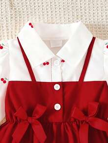 SHEIN Baby Girls' Collared Puff Sleeve 2 In 1 A-Line Dress Cherry Print Red Autumn Cute Family Matching Photoshoot Monthly Milestone Formal Sweet - Red - View 3