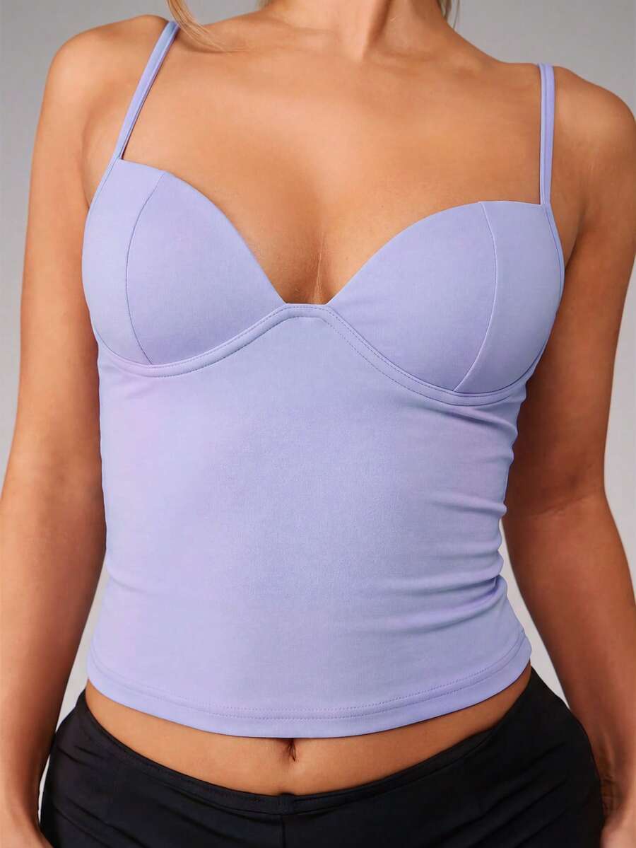 MISSGUIDED Women's Bustier Corset Tank Top With Built In Bra Longline Camisole Sweetheart Neckline Fitted Summer Cami - Lilac Purple - View 1