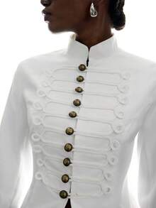 LYSMO Women's Fashion Design Metal Button Long Sleeve Blazer Office Dinner Formal Corporate White Summer Elegant - Beige - View 5