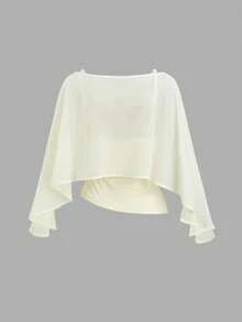 Sweetra 2 Pieces Chiffon Cape Set With Boat Neck, Flowy Outer Layer And Elastic Ruched Waist Cami Inner, Elegant Beige Outfit For Office Commute, Casual And Date Wear - Apricot - View 2