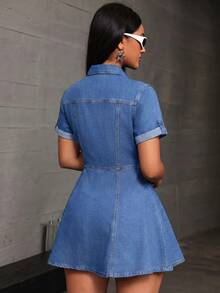 Rivivi Plus Size Summer Casual Front Button Mini Denim Dress - Blue - View 2