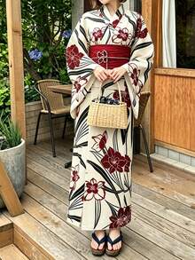 Irokai 日式女款傳統印花浴衣套裝，兩件式夏季祭典和服 - 酒紅色 - 查看 1