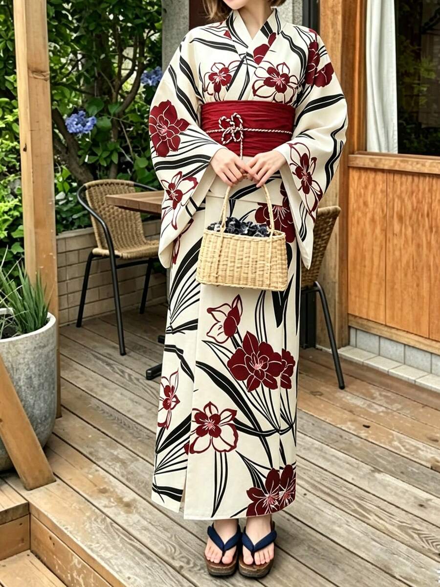 Irokai 日式女款傳統印花浴衣套裝,兩件式夏季祭典和服 - 酒紅色 - 查看 1