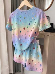 青少年女孩圓領彩色水鑽短袖T恤與短褲休閒日常套裝 - 彩色 - 查看 2