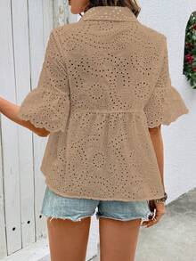 SHEIN Holidaya 女款素色百褶休閒百搭日常出遊襯衫 - 卡其色 - 查看 2