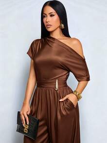 SOLERSUN Women's Elegant Solid Coffee Brown Jumpsuit One-Shoulder Metal Buckle Loose-Fit Lantern Trousers Summer Party Dinner Wedding Dinner - Coffee Brown - View 8