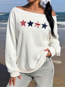 SHEIN EZwear 女款休閒露肩寬鬆長袖衛衣，星星圖案，夏季服飾，街頭風，適合日常通勤、約會、派對、秋冬/夏季、婚禮、海灘、畢業典禮，優雅休閒，外出穿搭，Y2K，音樂節穿搭，度假服飾，返校穿搭 - 白色 - 查看 2