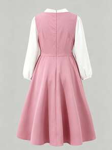 Vestido 2 en 1 casual de moda para niñas en primavera/otoño para volver a la escuela, diseño de patchwork de color contrastante con volantes en el bajo, lazo 3D rojo rosa, vestido maxi de manga larga, estilo elegante y lindo para uso diario en la escuela, vacaciones y sesiones de fotos - Multicolor - Ver 2