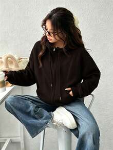 SHEIN EZwear 女款純色抽繩連帽休閒百搭日常穿著運動衫 - 咖啡棕 - 查看 3