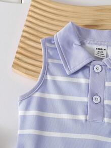 SHEIN Playful Pals 2pcs Baby Girl Summer Striped Lapel Strap Dress - Multicolor - View 3