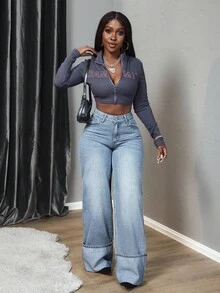 SHEIN PETITE 女款休閒高腰直筒寬鬆百搭藍色牛仔褲，適合嬌小女性 - 藍色 - 查看 4