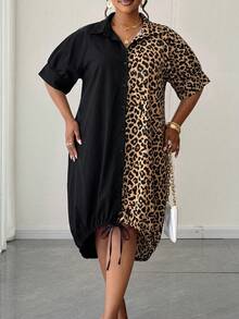 Maweii Plus Size Leopard Print Patchwork Front Button Dress - Multicolor - View 5