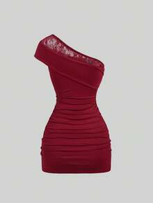Sweetra Women's Fashion Elegant Sexy Asymmetrical Shoulder Premium Burgundy Color Block Lace Mini Dress Date Night Night Out Summer - Burgundy - View 2