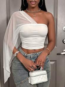 BamGleam Women's Autumn Fashion Asymmetric Cape Sleeve T-Shirt Club Night White Sexy - White - View 4