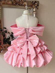Lovelzi 優雅迷人時尚淺粉色亮面絲綢大蝴蝶結裝飾露肩花瓣袖泡泡下擺短款女式正式晚禮服 - 淺粉色 - 查看 2