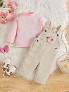 2 Piece/Set Baby Girl Pink Little Stand Collar Long Sleeve Pullover Ribbed Knit Solid Color T-Shirt Top And Apricot Corduroy 3D Flower Pocket Adjustab - Beige - View 3
