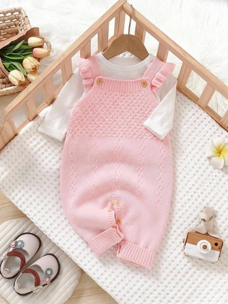 SHEIN 1pc Spring/Autumn Light Pink Baby Girl Ruffle Shoulder Strap Knitted Overalls, Infant Toddler Cable Knit Open Crotch Button Romper, Sweet Sleeveless Woolen Bodysuit - Pink - View 1