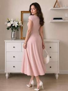 Modelyn Women's Dress, Elegant Twist Front High Waist A Line Textured Fabric Midi Pink Dress For Women Wedding Guest Party Going Out Graduation All Season - Pink - View 3