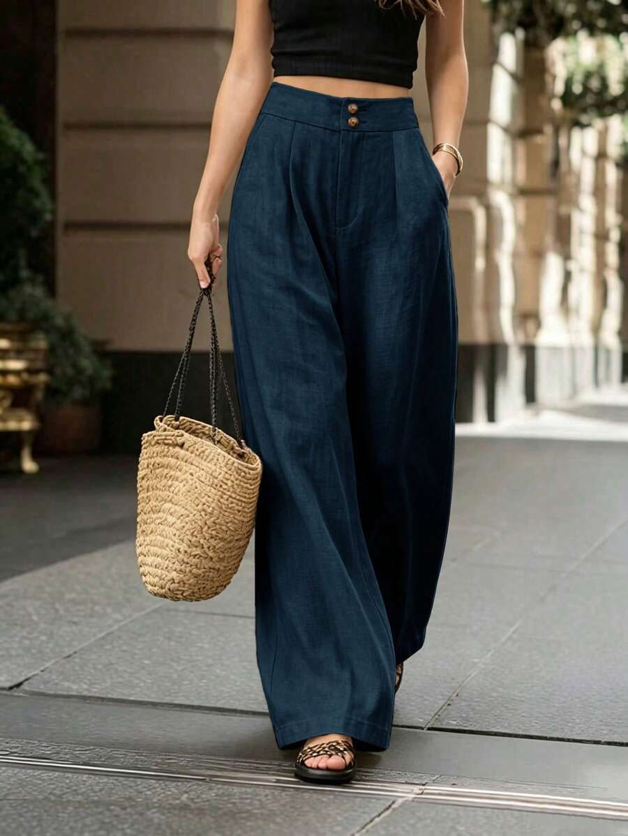 Trelyra Women's Casual Loose Solid Color Long Pants - Navy Blue - View 1