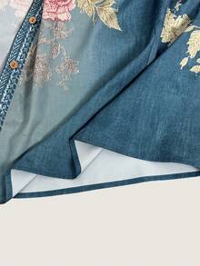 SHEIN 女款花卉印花單排扣休閒百搭日常外出襯衫 - 藍色 - 查看 3