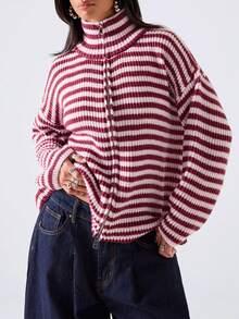 LYSMO Women's Striped Colorblock Zipper High Neck Long Sleeve Fashion Sweater - Multicolor - View 1