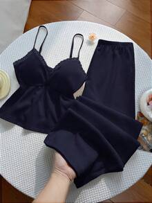SHEIN Unity Conjunto de pantalones de pierna ancha versátil para ir al trabajo y vacaciones, con tela texturizada, patchwork y ribete de encaje, estilo Y2K - Azul Marino - Ver 3