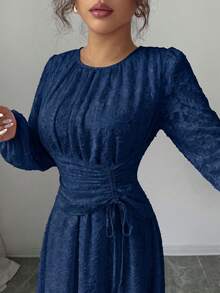 Modelyn 女款夏季雪紡蝴蝶印花抓皺圓領長袖洋裝 - 藍色 - 查看 5