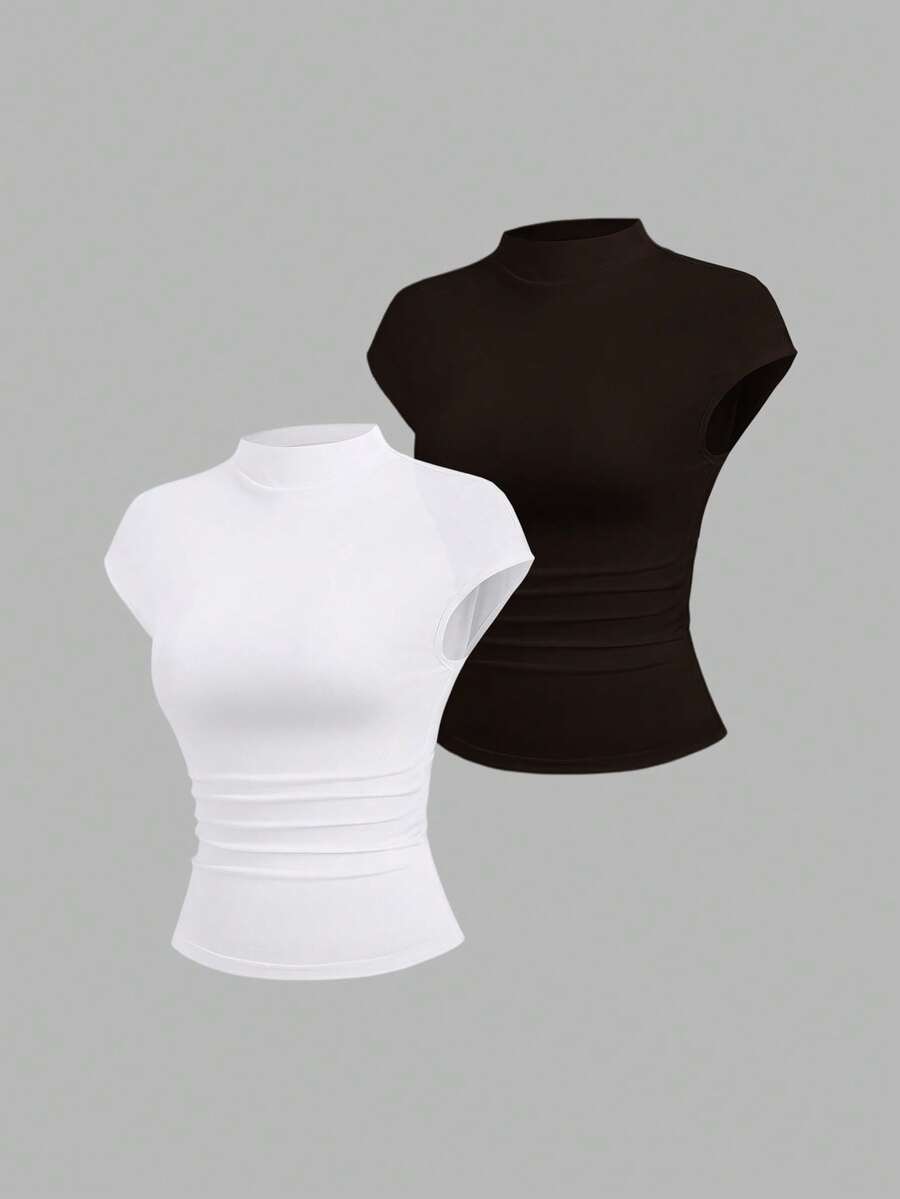 Sweetra Women's Spring/Summer New Solid Color Pleated T-Shirt, Minimalist Versatile, Suitable For Commuting And Daily Wear - Multicolor - View 1