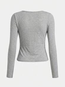 SHEIN Girlism Teen Girls Solid Color U-Neck Ruched Long Sleeve T-Shirt - Light Grey - View 2