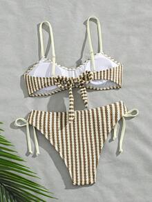 Swim Mod 女款條紋針織提花細肩帶打結休閒度假可愛比基尼套裝 - 彩色 - 查看 2