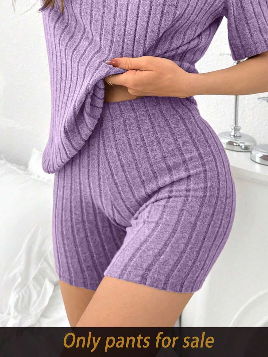 SHEIN Women's Solid Color Brushed Ribbed Fitted Shorts, Loungewear - Purple - View 1
