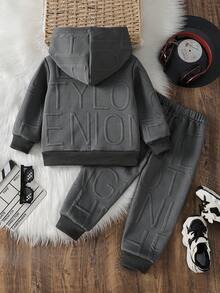 Genkimix Kids 2pcs Young Boy Casual Outfit Set, Warm Fleece Hoodie And Elastic Waist Sweatpants, Comfortable Long Sleeve, Suitable For Autumn And Winter, Daily, Outdoor And Sports Wear, Young Boy Set - Dark Grey - View 2