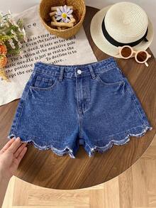 SHEIN Shorts vaqueros de verano informales con adorno de concha para niñas preadolescentes - Azul lavado oscuro - Ver 6
