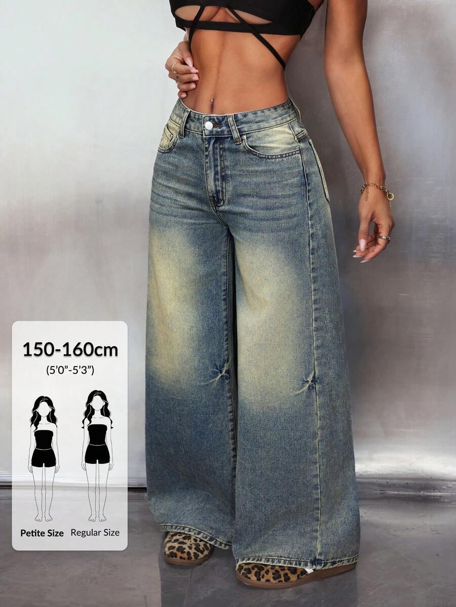 SHEIN PETITE 女款寬鬆版型附口袋寬腿休閒牛仔褲,適合嬌小女性 - 藍色 - 查看 1