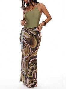 Oceva Women's Solid Color One-Shoulder One-Piece Swimsuit With All-Over Print Cover-Up Skirt Set Beach Party Vacation Olive Green Summer Sexy Tropical - Multicolor - View 5