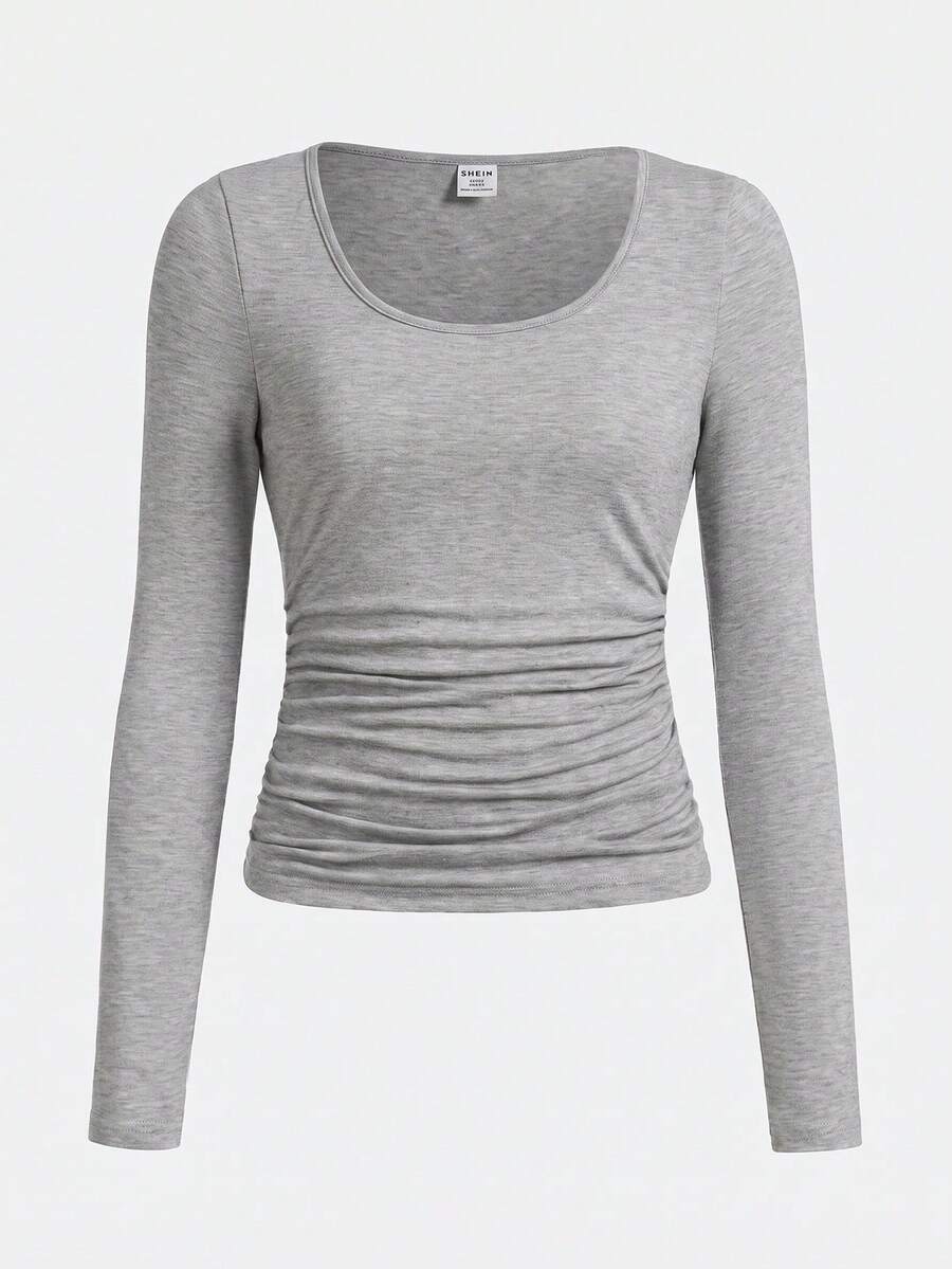 SHEIN Girlism Teen Girls Solid Color U-Neck Ruched Long Sleeve T-Shirt - Light Grey - View 1