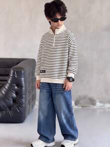 SHEIN Boys' Striped Half-Zip Sweatshirt & Denim Jeans 2-Piece Set, Beige & White Contrast Color Stand Collar Half-Zip Striped Sweatshirt, Straight Leg Denim Long Pants, Denim Decor, Casual Minimalist Style, Spring/Autumn Daily Wear, Home Outfit, Niche Design Set - Black and White - View 2