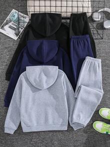 SHEIN 青少年男孩拼接連帽長袖T恤與短褲休閒日常套裝 - 彩色 - 查看 6