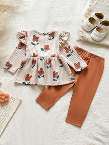 SHEIN Playful Pals 新生兒春秋款棕色溫柔風花卉印花蝴蝶結裝飾針織泡泡袖套頭上衣搭配蝴蝶結裝飾棕色長褲修身 2 件套，適合外出、休閒、運動、聖誕派對，可愛穿搭 - 棕色 - 查看 2