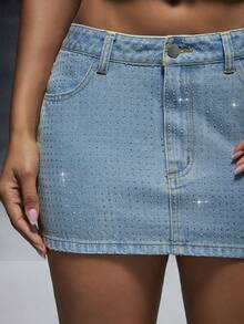 Denimoi Summer Casual Rhinestone Decorated Mini Denim Skirt, Going Out, Concert Mini Skirt - Light Wash - View 4