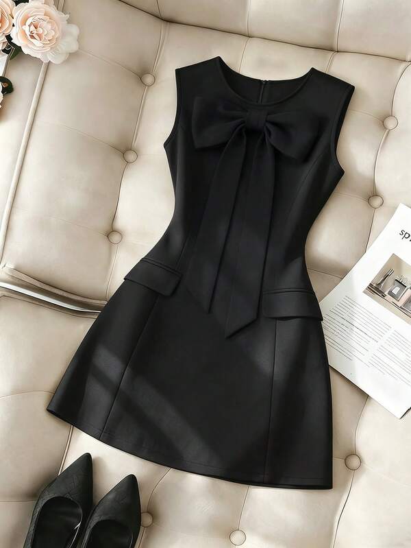 SHEIN Franclia Elegant Black Summer Women's Dress, Round Neck Fitted Sleeveless Little Black Dress With Front Bow, Dinner Date Party Wedding Guest Graduation Dress