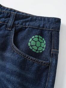 TEENAGE MUTANT NINJA TURTLES | SHEIN Men's Casual Washed Slogan Print Denim Jeans - Blue Black - View 4