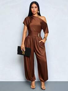 SOLERSUN Women's Elegant Solid Coffee Brown Jumpsuit One-Shoulder Metal Buckle Loose-Fit Lantern Trousers Summer Party Dinner Wedding Dinner - Coffee Brown - View 3