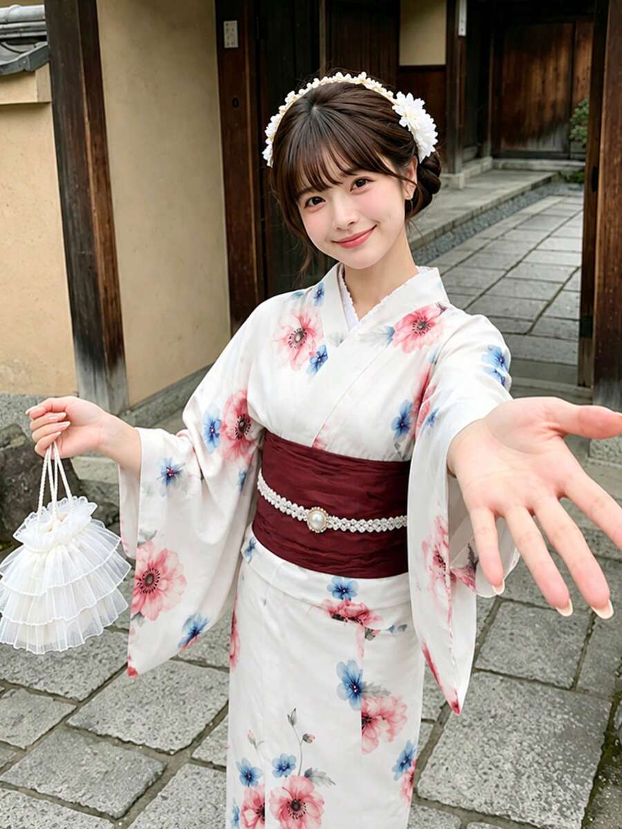 Irokai Japanese Traditional Kimono White Base Red & Blue Floral Print Pattern Women's Modified Two Pieces Yukata Set - Multicolor - View 1