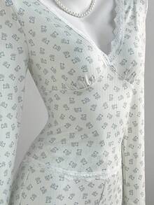 Elamini Sweet Bear Print Pleated Top And Lace Patchwork Shorts 2 Pieces Set - Multicolor - View 5