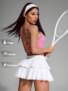 CourtClass CourtClass 女士运动瑜伽跑步裙，性感健身休闲白色裙子，带口袋，适合户外、通勤和休闲网球裙 - 白色 - 查看 5