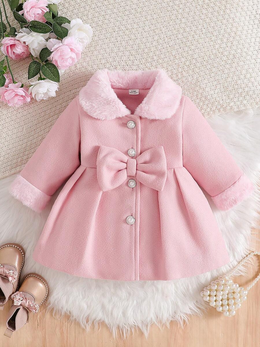 SHEIN Vintaside Kids 嬰幼兒女孩貝爾法斯特領配帶大衣 - 淺粉色 - 查看 1